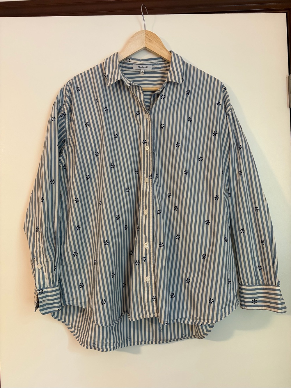Madewell Women’s Button-Down Shirt Size L Blue White Stripe Floral Cotton